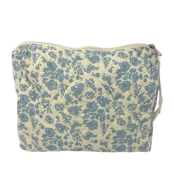 Floral Quilted Cosmetic Bag Blue & Cream Makeup Pouch, Travel Toiletry Zipper - Image 2