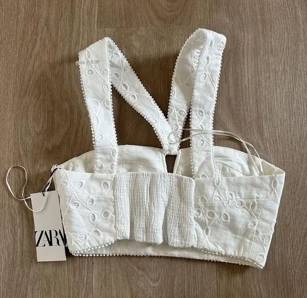 Zara crop top crossed crochet corset white boho - Image 5