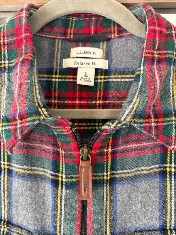 L.L.Bean gray plaid quarter-zip flannel shirt relaxed fit Zip front Cotton sz L - Image 2