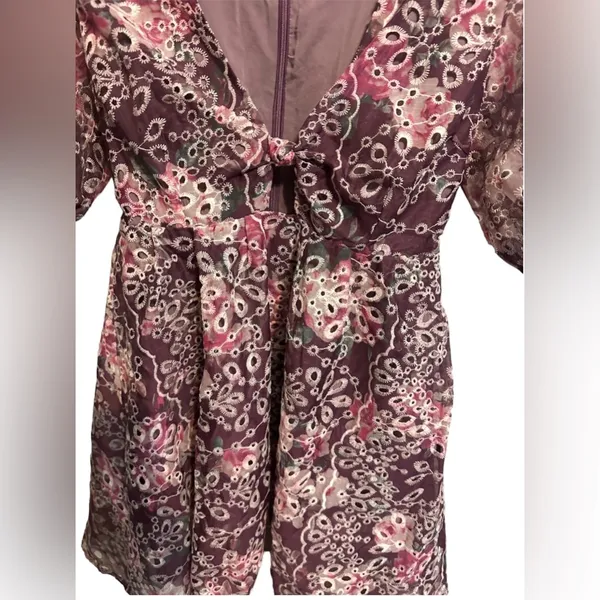 Altar’d State Maroon Floral Embroidered Puff Sleeve girly Keyhole front Dress - Image 3