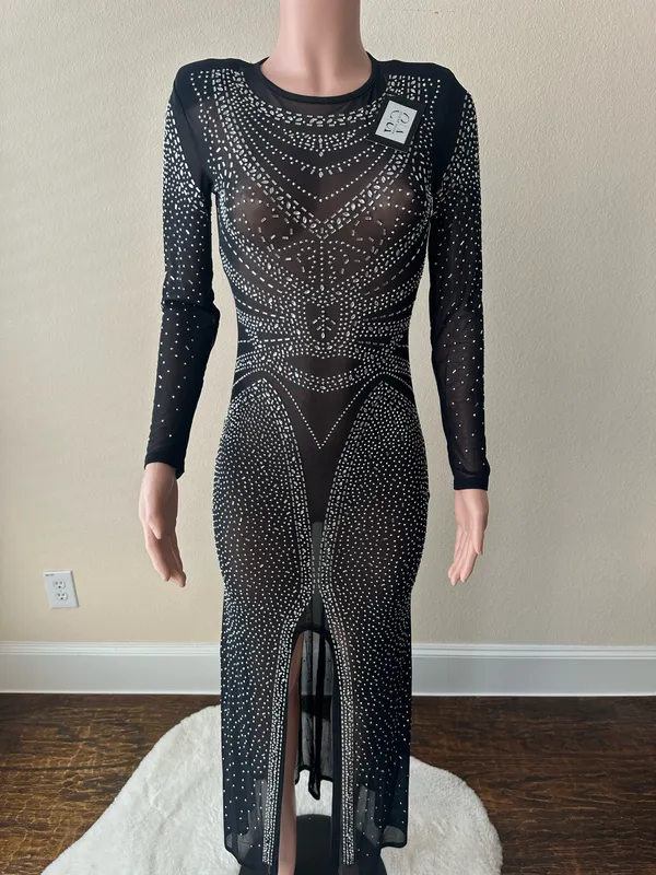 Brand New! Special Occasion Black Crystal Mesh Dress – Size Medium - Image 6
