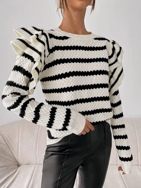 Shein Ruffle Shoulder Striped Knit Sweater - Image 5