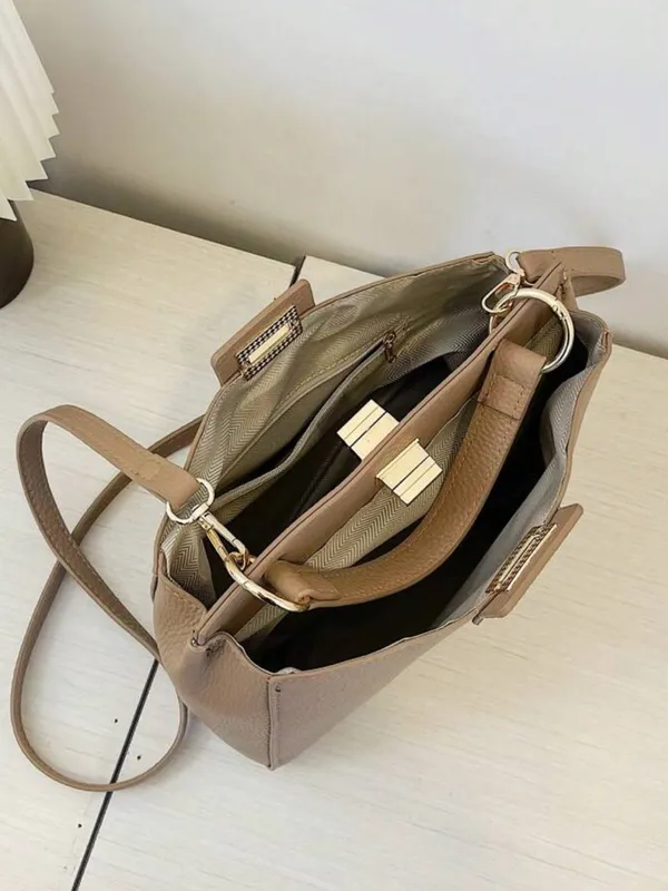 Twist lock Taupe tan Top-Handle Satchel Bag with crossbody faux leather - Image 5