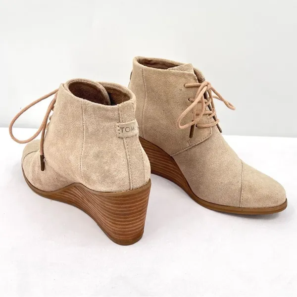 Toms Hyde Sand Suede Leather Creamy Tan Lace Up Wedge Heel Ankle Bootie Size 8 - Image 11