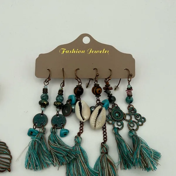 Boho Turquoise 13 Pair Dangle Earrings Bundle | Tassel Feather Shell Bronze - Image 5