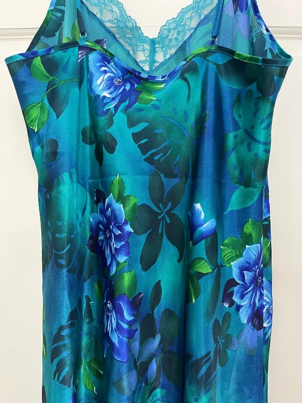 Y2K Tropical Floral & Monstera Leaf Print Satin Slip Dress - Size Large - Image 8
