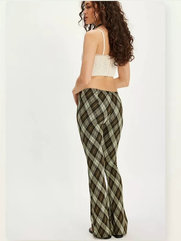 NWT Free People Chloe Plaid Flare Leg Knit Pants Small, OLIVE COMBO - Image 3