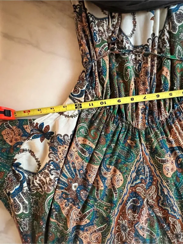 SHEIN Paisley Boho Kimono Mini Dress Green Brown Cream Size L - Image 6