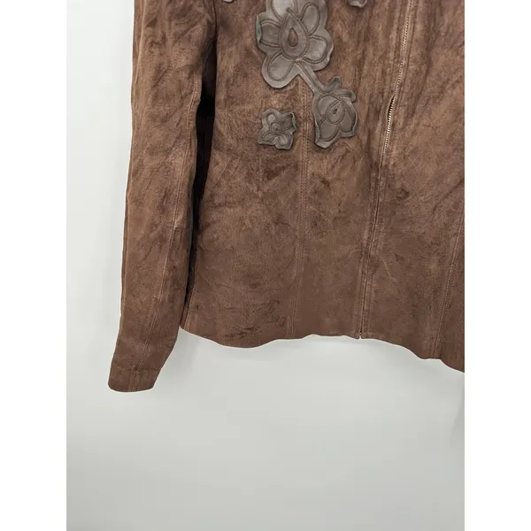 Margaret Godfrey Brown Genuine Leather Suede Floral Applique Zip Jacket Size 8 - Image 5