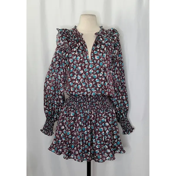 RAMY BROOK Silk Penelope Dress Roco Floral Mini Ruffled Smocked Purple Teal XS - Image 2
