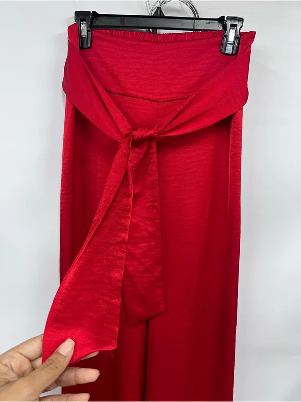Express Super High Rise Trouser w/waist Tie Red Satin size s wide leg see descri - Image 10