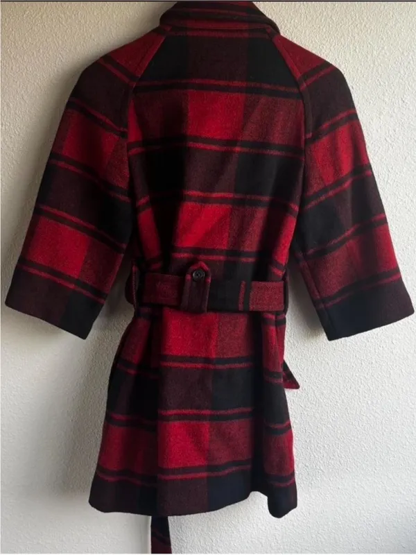 Red and Black Plaid Wool Belted Coat - Image 4