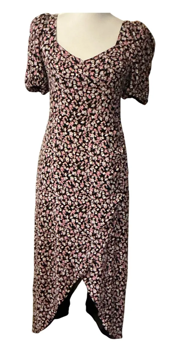 Ditsy Floral Puff Sleeve Midi Dress Sweetheart Neck Smocked Back Split Hem - Image 2