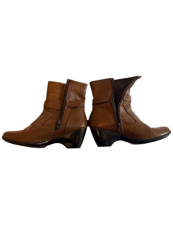 Andrea Ankle Bootie Brown Leather Buckle Zip Wedge Round Toe Solid 5.5/35 Women - Image 3