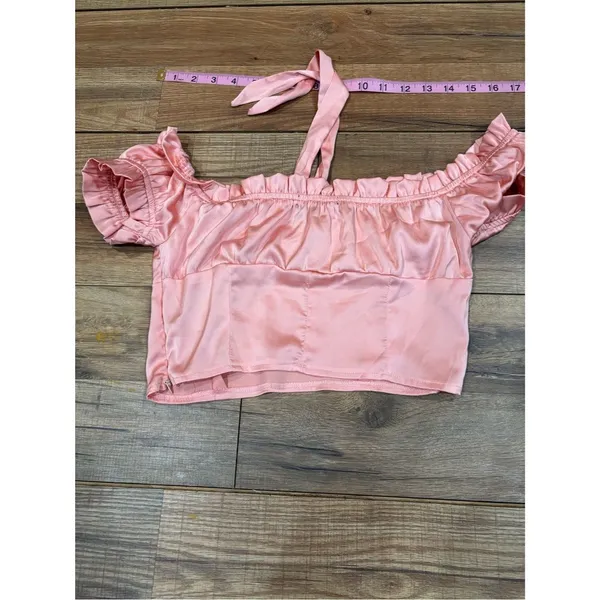 Nasty Gal Blush Pink Satin Off-Shoulder Tie-Front Crop Top - Image 4