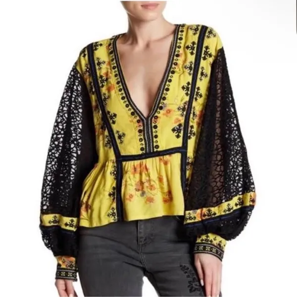 FREE PEOPLE Boogie All Night‎ Lace Sleeve Blouse Ballon sleeve lace Sz M NWT - Image 2