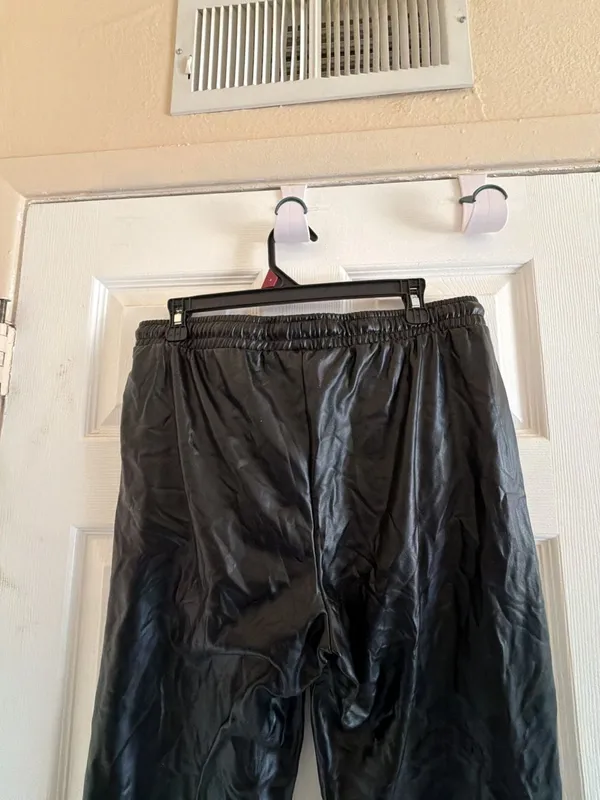 Black Faux Leather Elastic Waist Drawstring Jogger Pants EPI1238-J - Image 10