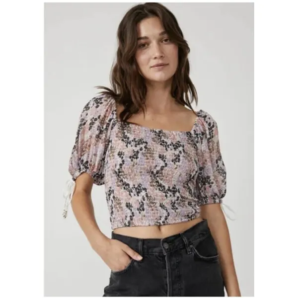 Free People Back on‎ Top Crop Smocked Shirt Blouse Puff Sleeve Size M NWT - Image 12