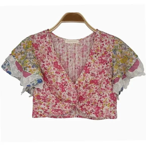 LoveShackFancy Kielle Crop Top Size Medium Pink Floral Twist Front Ruffle Sleeve - Image 5