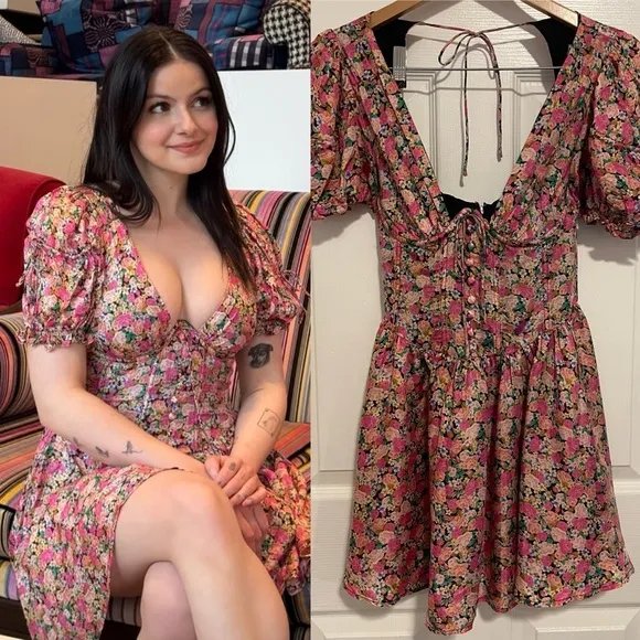 For Love & Lemons Paulina Mini Dress ASO Ariel Winter Pink Floral Puff Sleeve XS - Image 2