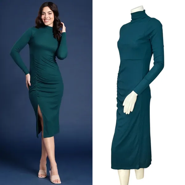 Mast & Harbour Dress Bodycon Ruched Midi Teal Green‎ Size Small Women Side Slit - Image 2