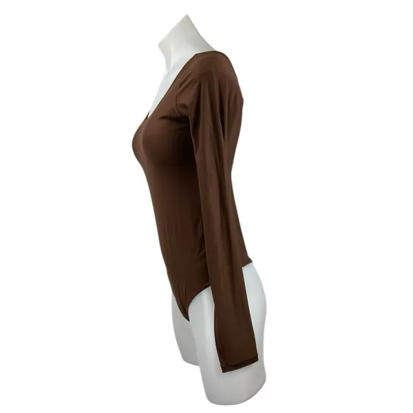 Aerie Smoothez Brown Scoop Neck Long Sleeve Sculpt Thong Bodysuit Top Size L - Image 2