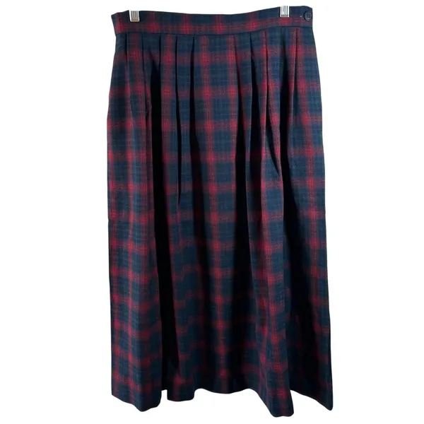 Vintage JH Collectibles Red Green Plaid Wool Midi Skirt Pleated Classic Size 14 - Image 2