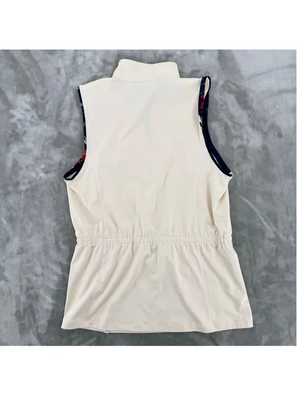 Lady Hagen Sleeveless Golf Shirt Beige Tropical Blue Trim Drawstring Waist Small - Image 5