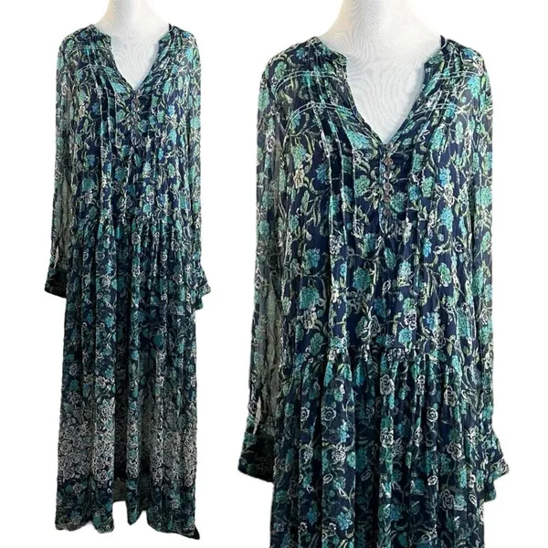 Free people Bohemian See it through Maxi Dress Twilight Floral Large Retro 70s - Image 9