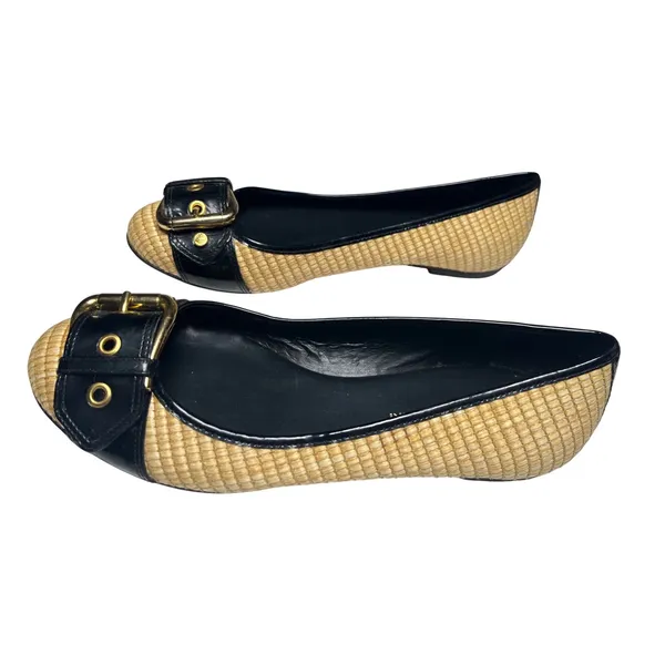 Antonio Melani Woven Straw Patent Buckle Flats Black Tan‎ Women 8M Preppy - Image 3