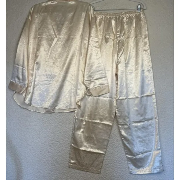 Victorias‎ Secret Pajama Set & Robe Womens Medium Ivory Satin Jacquard Floral M - Image 3