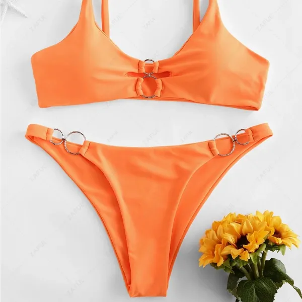 ZAFUL Dual O-ring Neon Bikini Swimsuit - Dark Orange. Excellent condition - Image 2