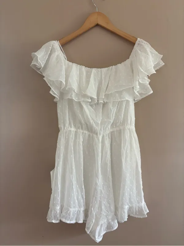 Lulus Frilled to Bits White Swiss Dot Off-the-Shoulder Romper Size Medium Beach - Image 6