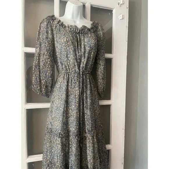 Anthropologie Blue Floral Kira Smocked Off The Shoulder Boho Peasant Dress - Image 10