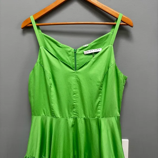 Trina Turk Bask Spaghetti Straps Scalloped Neck Midi Dress in Green 10 - Image 5