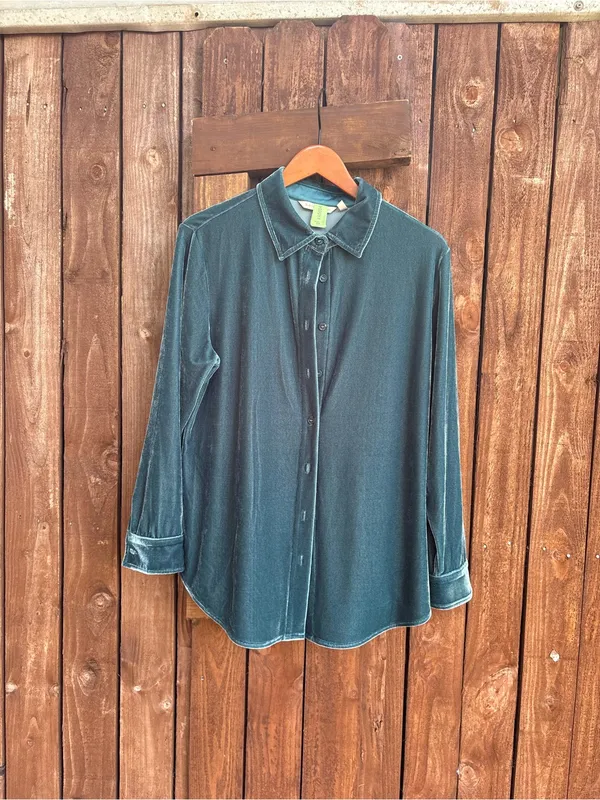 Soft Surroundings Teal Velvet Long Sleeve Button Down Tunic PETITE - Image 2