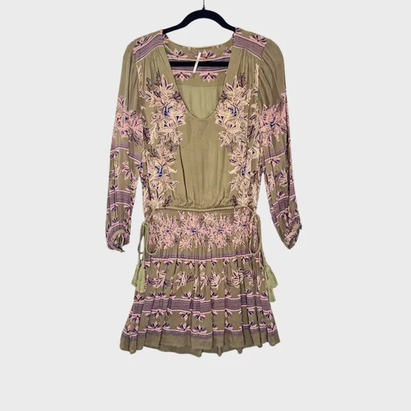 Free People Womens Dress Green Moonlight Floral Mini Smocked A Line Boho Small - Image 2