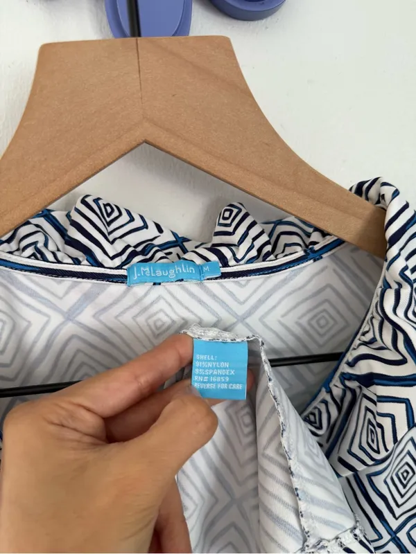 Aritzia J.Mclaughlin Medium Geometric 3/4 Sleeve Blouse Catalina Cloth Blue White Office - Image 5