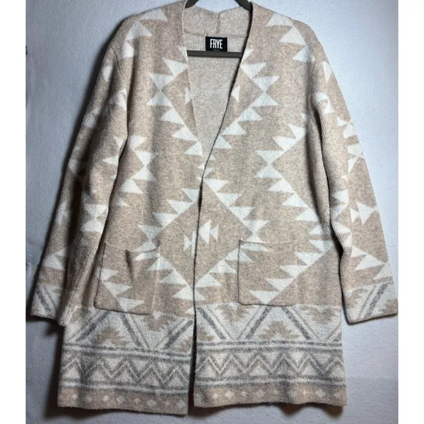 Frye Womens XL Beige Geometric Southwestern Open Front Knit Cardigan Sweater - Image 2