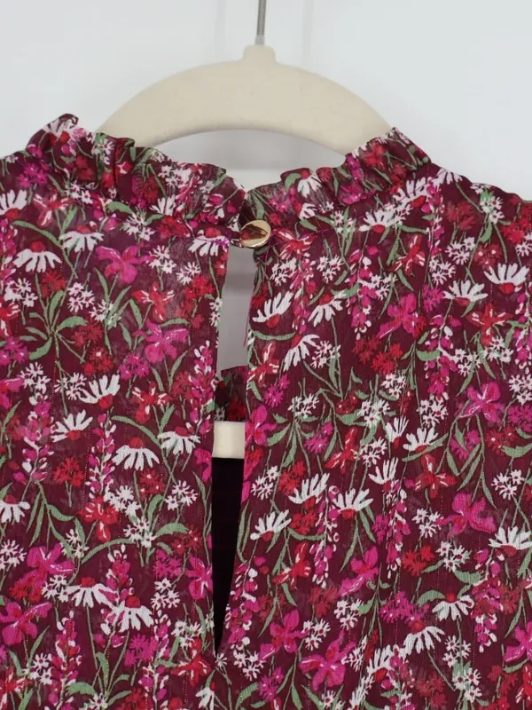 Draper James RSVP Smocked Floral Dress L Burgundy Metallic Long Sleeve Cottageco - Image 13