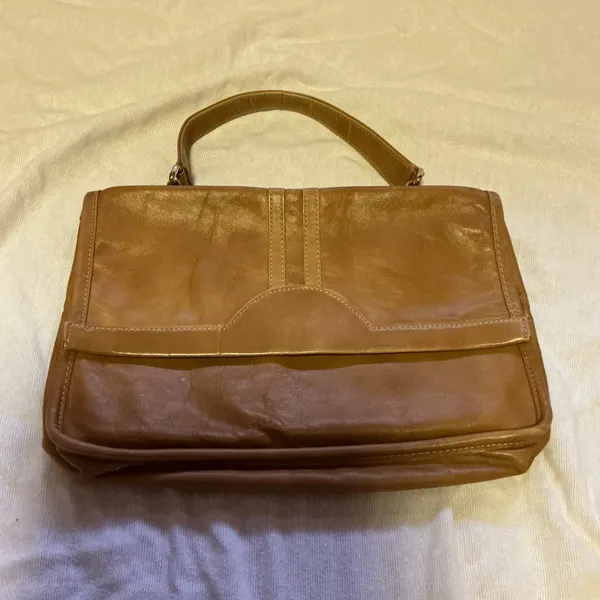Vintage 70s Cognac Brown Leather Top Handle Handbag Classic Structured Purse - Image 4