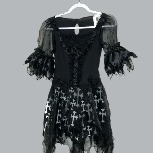 Gothic Black torn shredded look Dress with White Cross Pattern Size L - Image 9