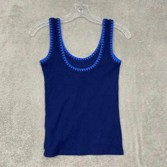 J Crew‎ Top Womens XXS Navy Blue Ribbed Knit Blanket Stitch Trim Tank CJ076 - Image 3