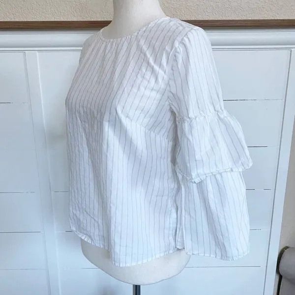 Madewell Tiered‎ Ruffled Flare Accent Sleeves White Grey Striped Blouse - XS - Image 8