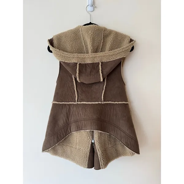 Robbi & Nikko Hooded Vest Women's Medium Brown Faux Suede Sherpa Sleeveless - Image 2