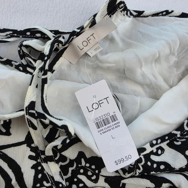 Loft NWT Womens Black White Floral Woodcut Maxi Dress Tie Back 566458 Size Large - Image 5