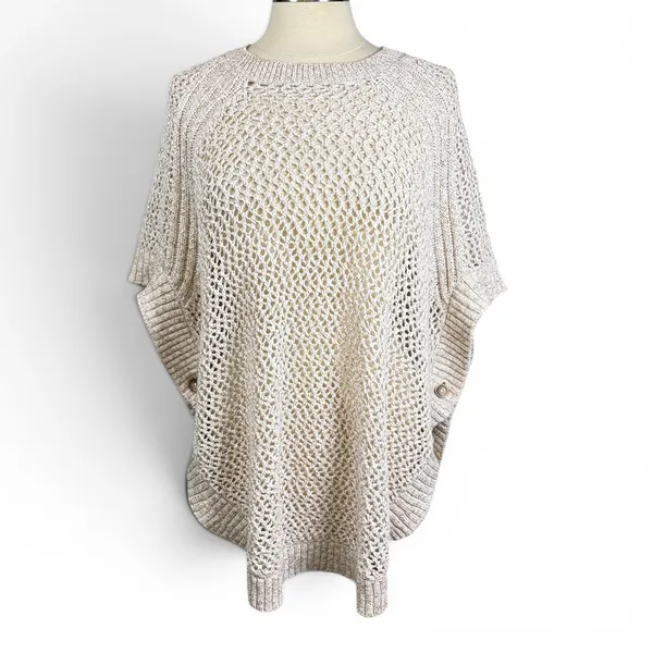 TALBOTS NWOT Open Stitch Poncho‎ in Rattan, Large, Bohemian Neutral Knit - Image 2