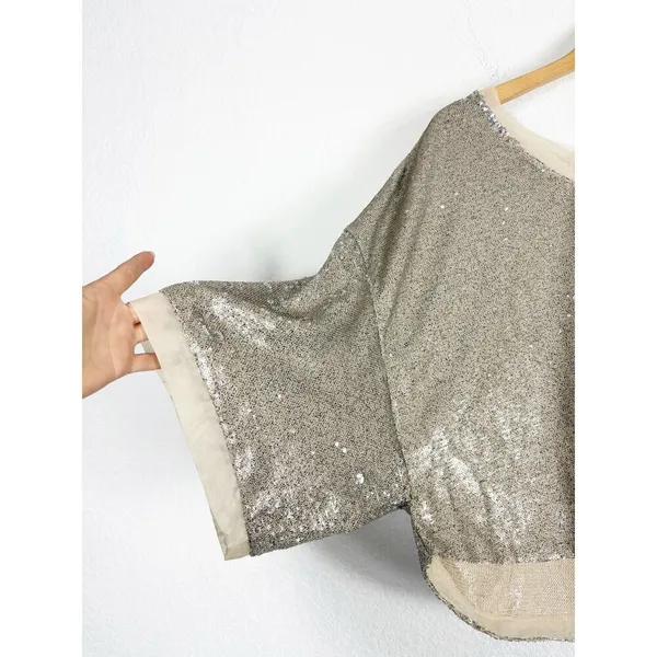 Free People Champagne Dreams Tee Small Neutral Gold Sequin Oversized Cropped - Image 10
