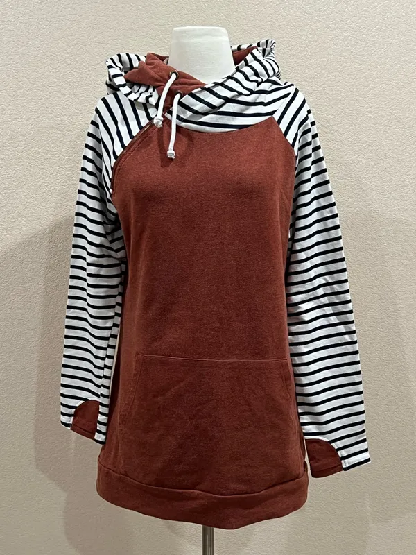 Vanilla Bay Rust Orange Double-hood Navy Striped Sweatshirt Size Large - Image 7