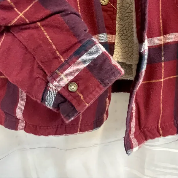 Old Navy Burgundy Plaid Sherpa-Lined Shacket Jacket Pockets L Large Button Up - Image 4